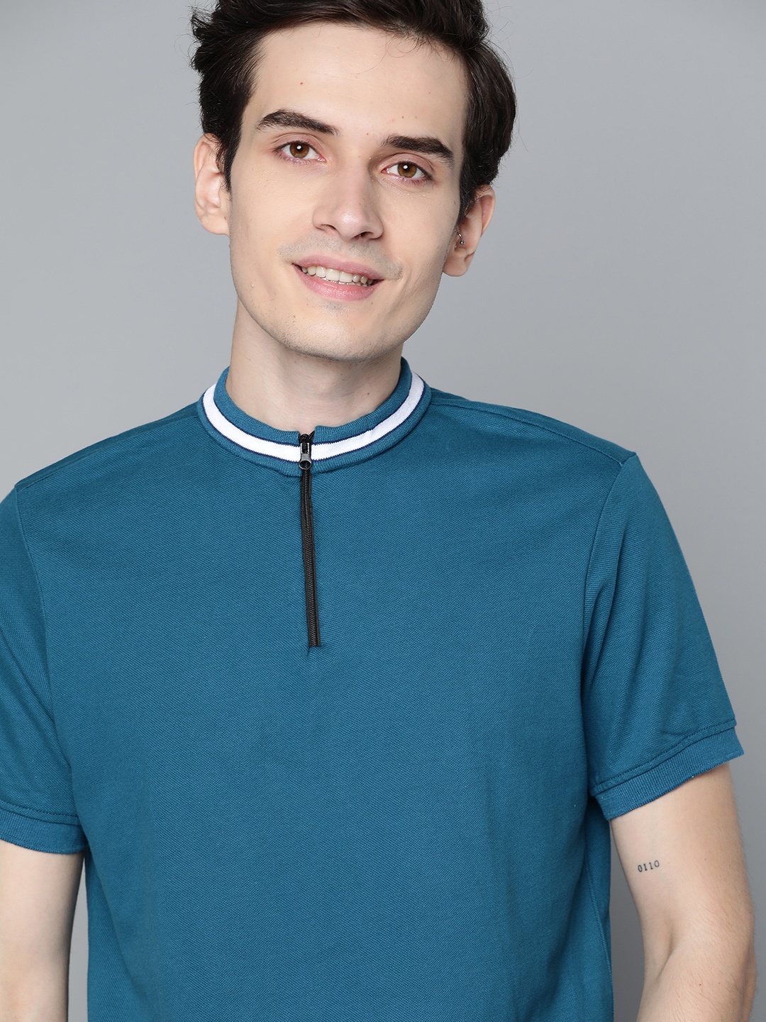 

Mast Harbour Men Teal Blue Pure Cotton Stand Collar Pure Cotton T-shirt