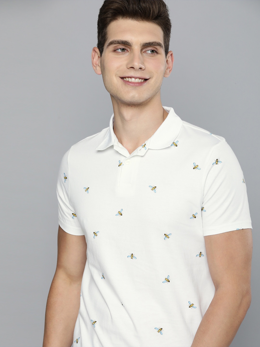 

Mast Harbour Men White Yellow Printed Pure Cotton Polo Collar Pure Cotton T-shirt