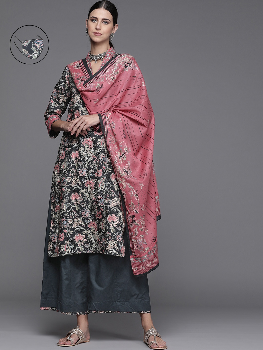 

Biba Women Charcoal Floral Printed Regular Kurta with Palazzos & With Dupatta