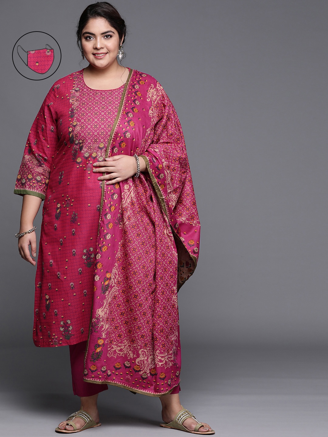 

Biba Women Pink & Beige Ethnic Motifs Printed Regular Kurta Set with Dupatta & Mask