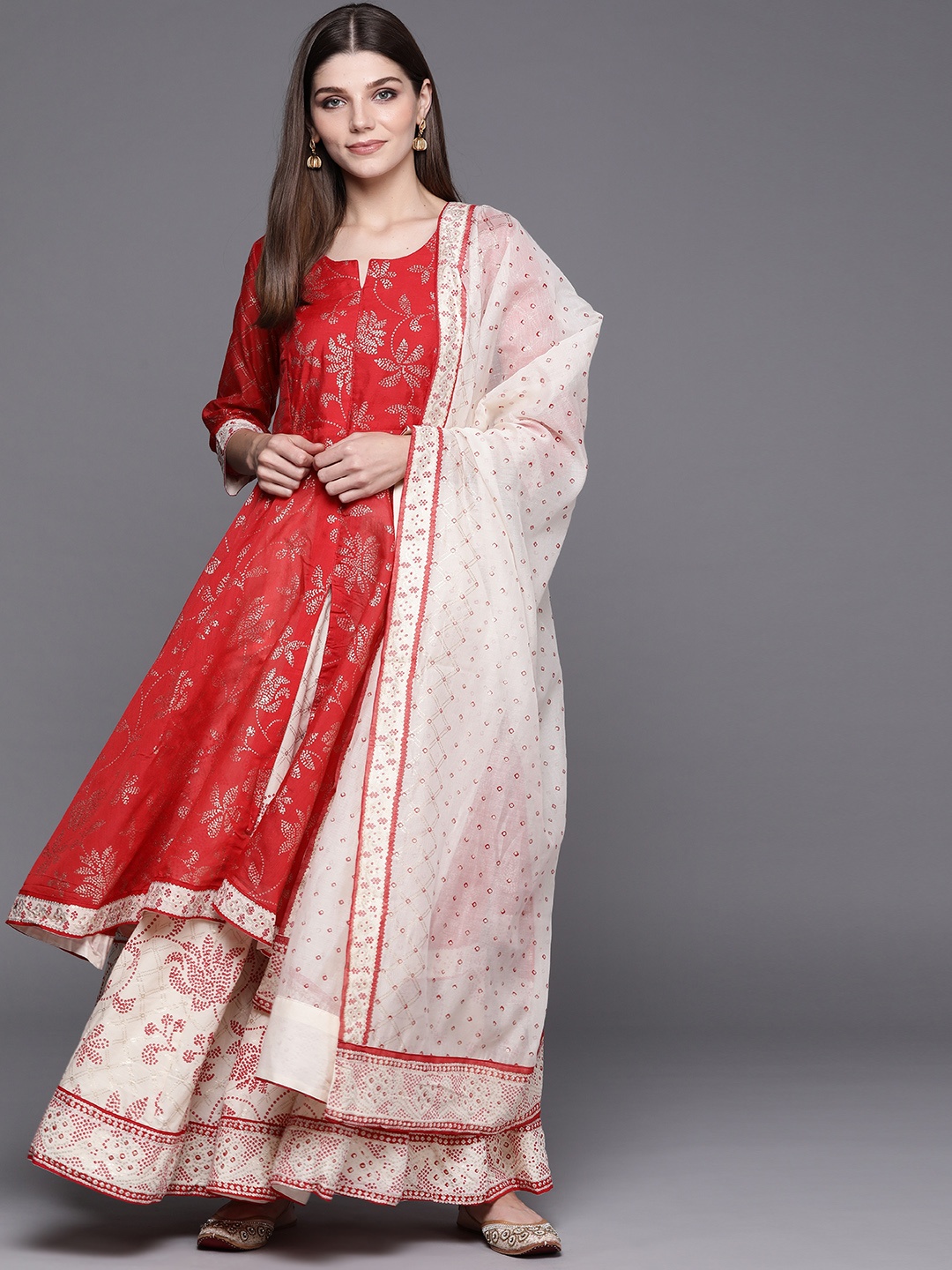 

Biba Women Red Floral Printed Regular Kurta with Skirt & With Dupatta