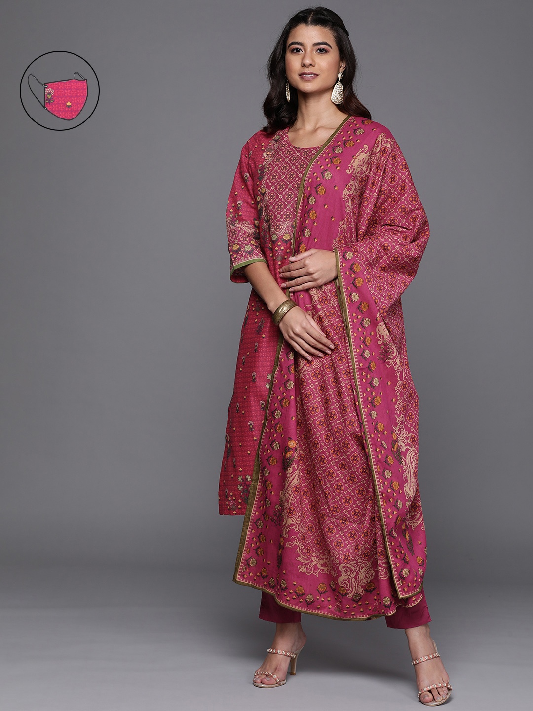 

Biba Women Fuchsia Ethnic Motifs Printed Regular Kurta with Palazzos & With Dupatta