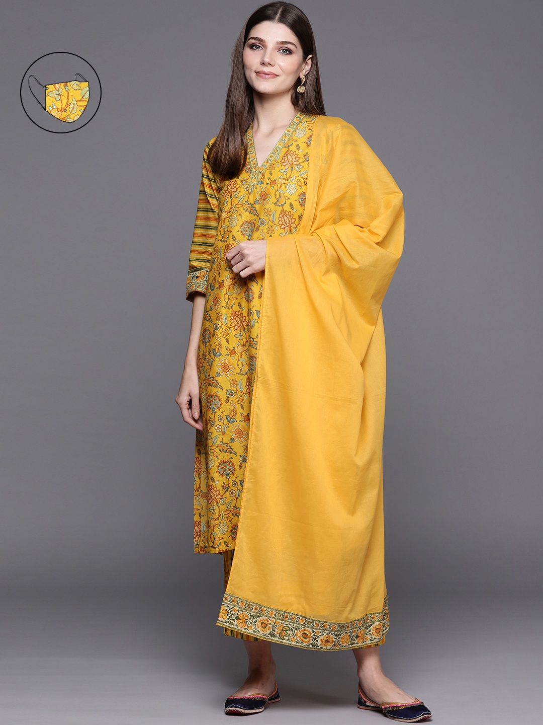 

Biba Women Mustard Yellow Floral Printed Regular Kurta with Trousers & With Dupatta