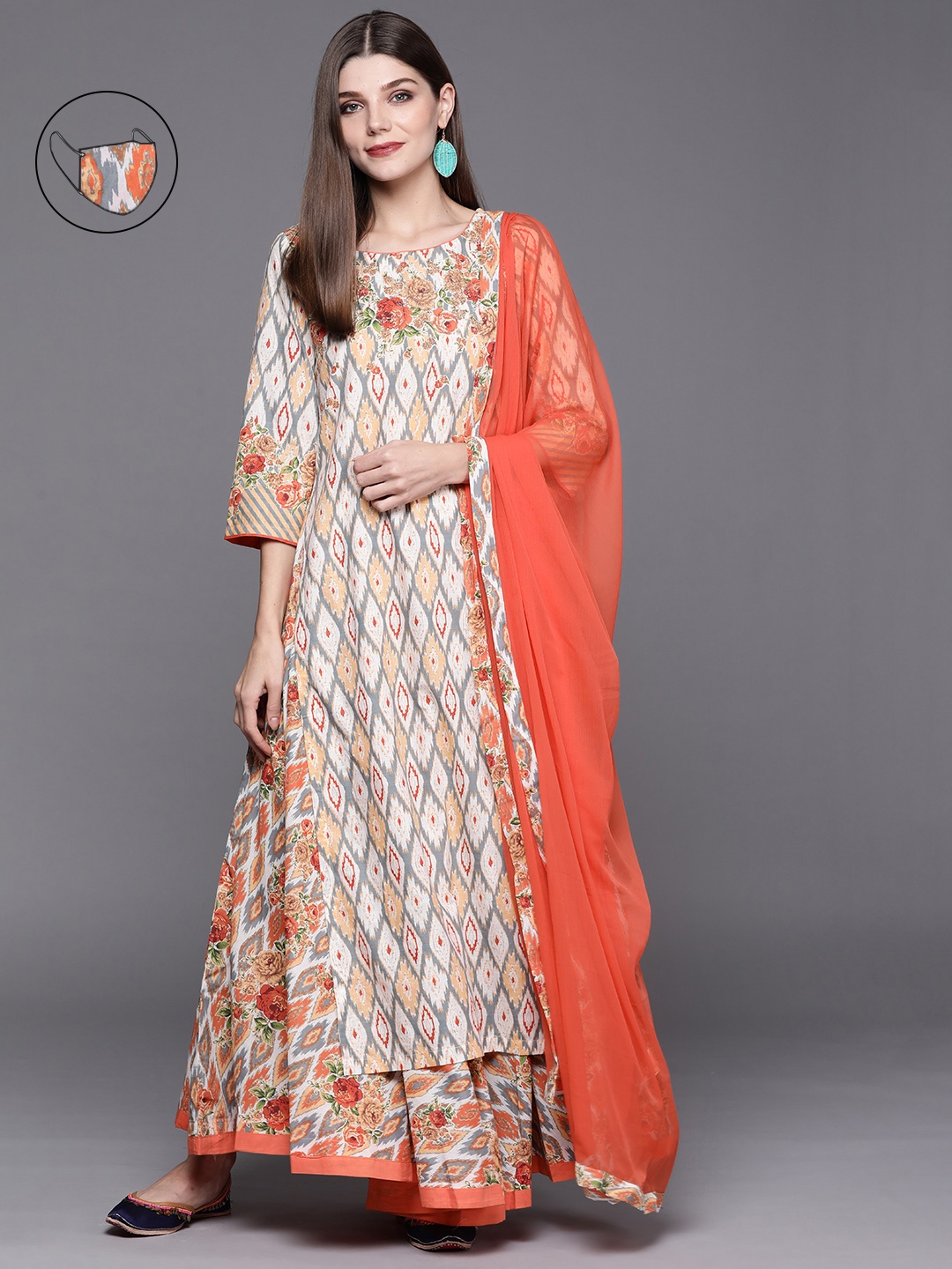 

Biba Women Multicoloured Ethnic Motifs Printed High Slit Kurta with Skirt & With Dupatta, Multi