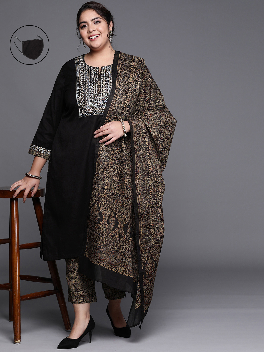 

Biba Women Black & Blue Yoke Design Kurta Set with Mask