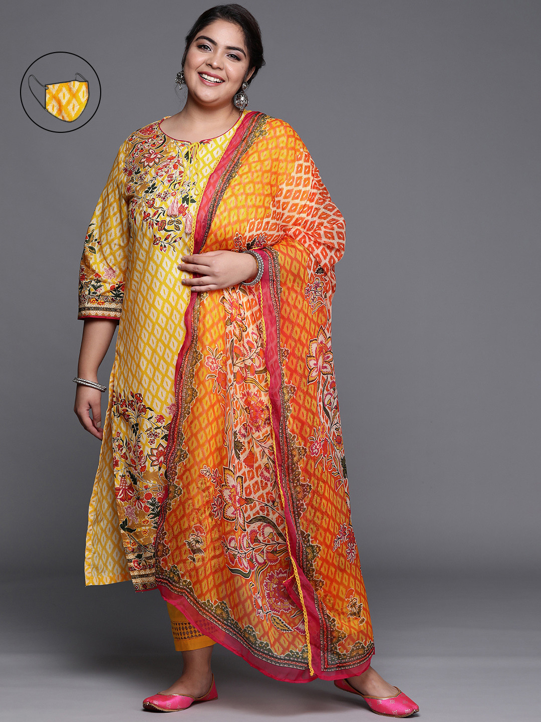 

Biba Women Yellow & White Geometric Print Regular Kurta Set with Dupatta & Mask