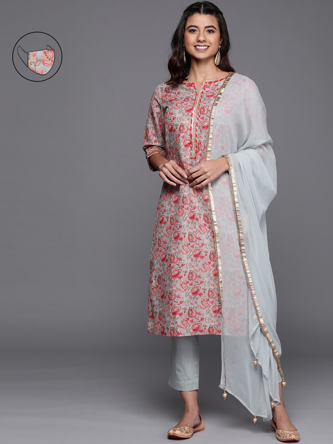 

Biba Women Grey Floral Printed Regular Kurta with Palazzos & With Dupatta