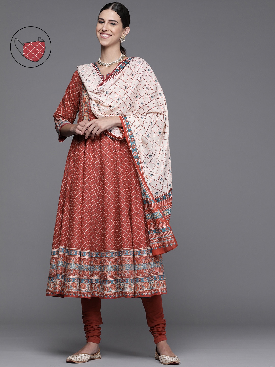 

Biba Women Red Ethnic Motifs Yoke Design Regular Kurta with Palazzos & With Dupatta