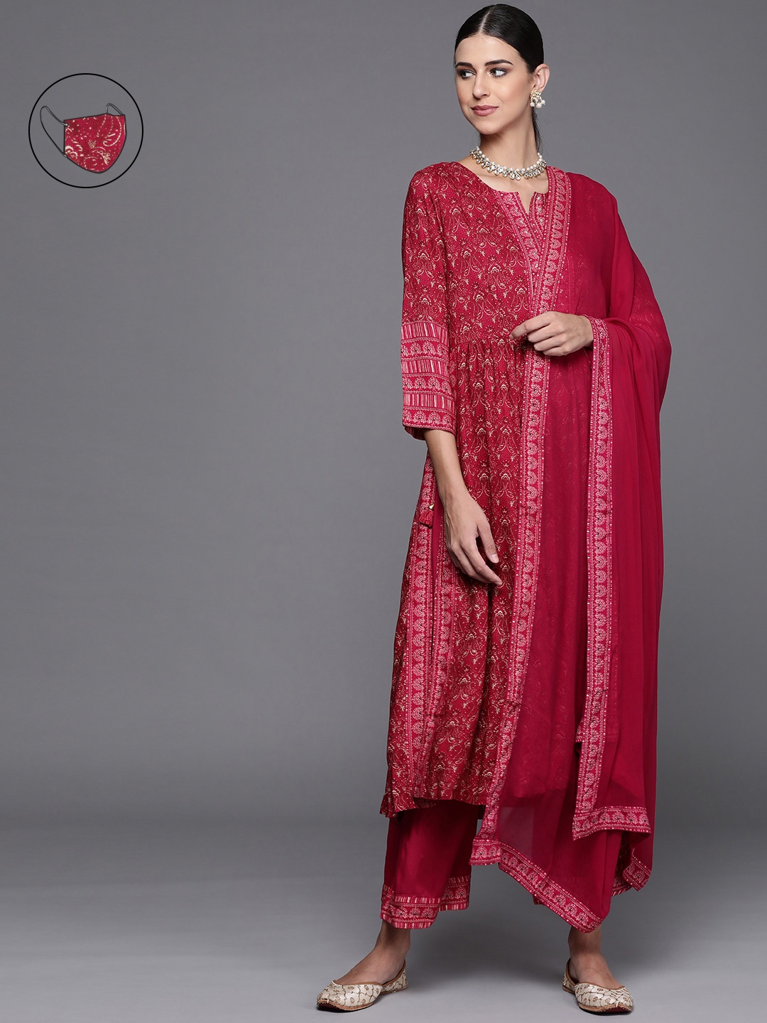 

Biba Women Magenta Ethnic Motifs Printed Regular Kurta with Palazzos & With Dupatta