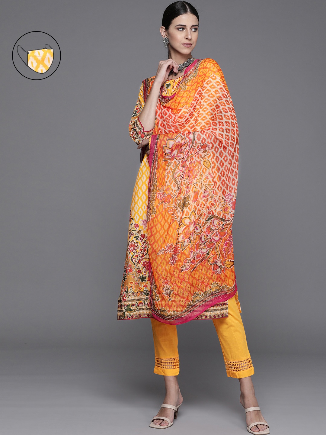 

Biba Women Yellow Floral Printed Regular Kurta with Palazzos & With Dupatta