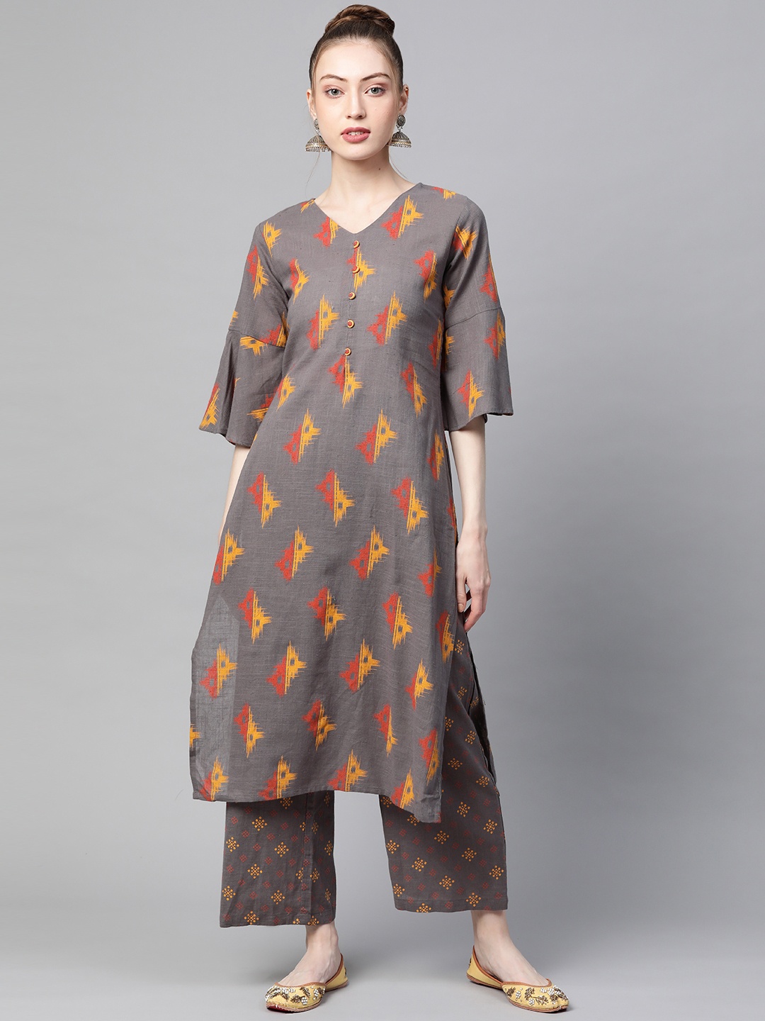 

AHIKA Women Taupe & Yellow Ethnic Motifs Printed Pure Cotton Kurta with Trousers