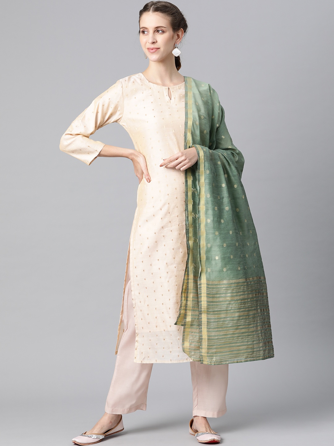 

AHIKA Women Beige & Golden Woven Design Kurta with Trousers & Dupatta