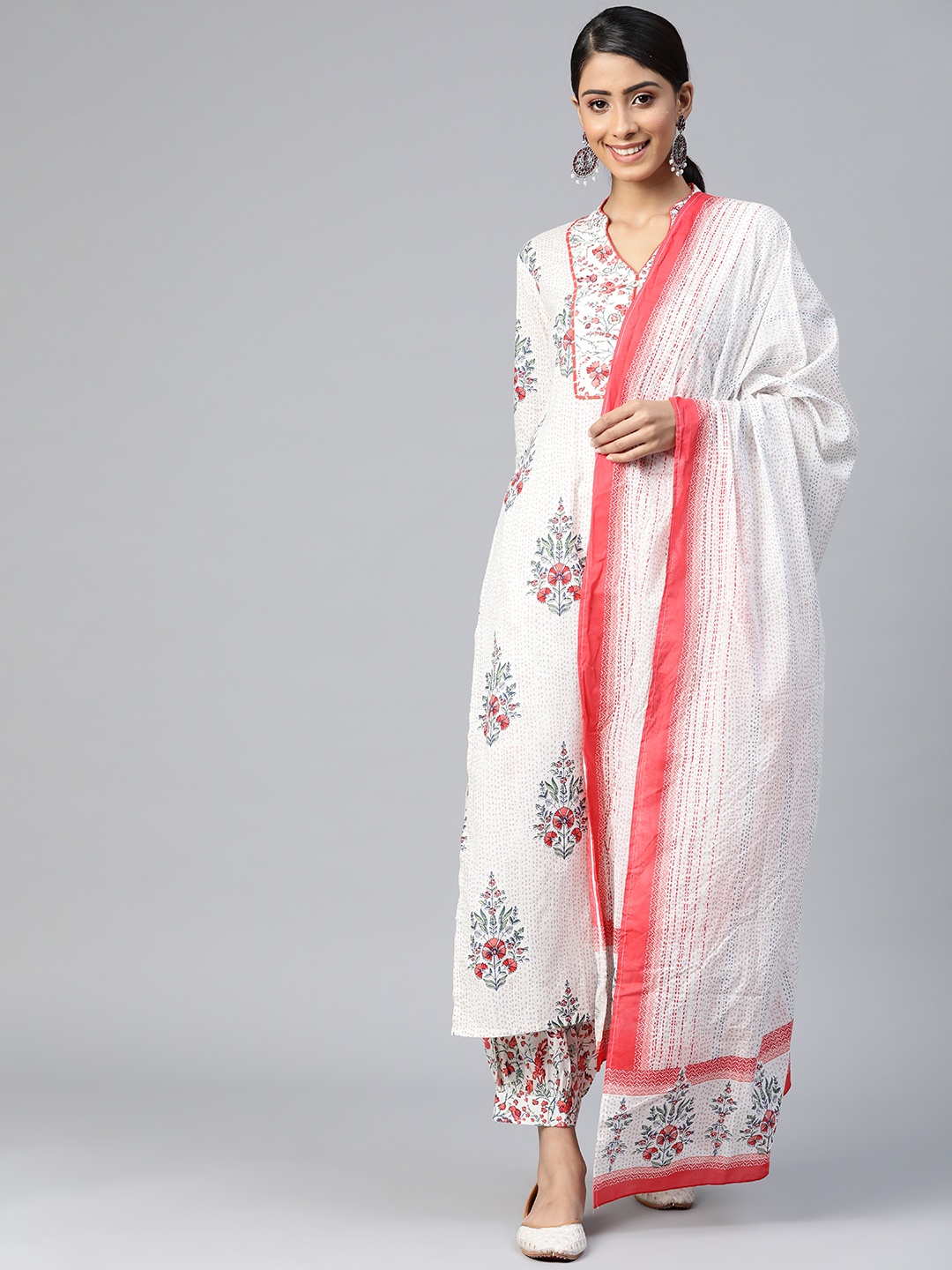 

AHIKA Women Off White & Red Ethnic Motifs Printed Pure Cotton Kurta with Salwar & Dupatta