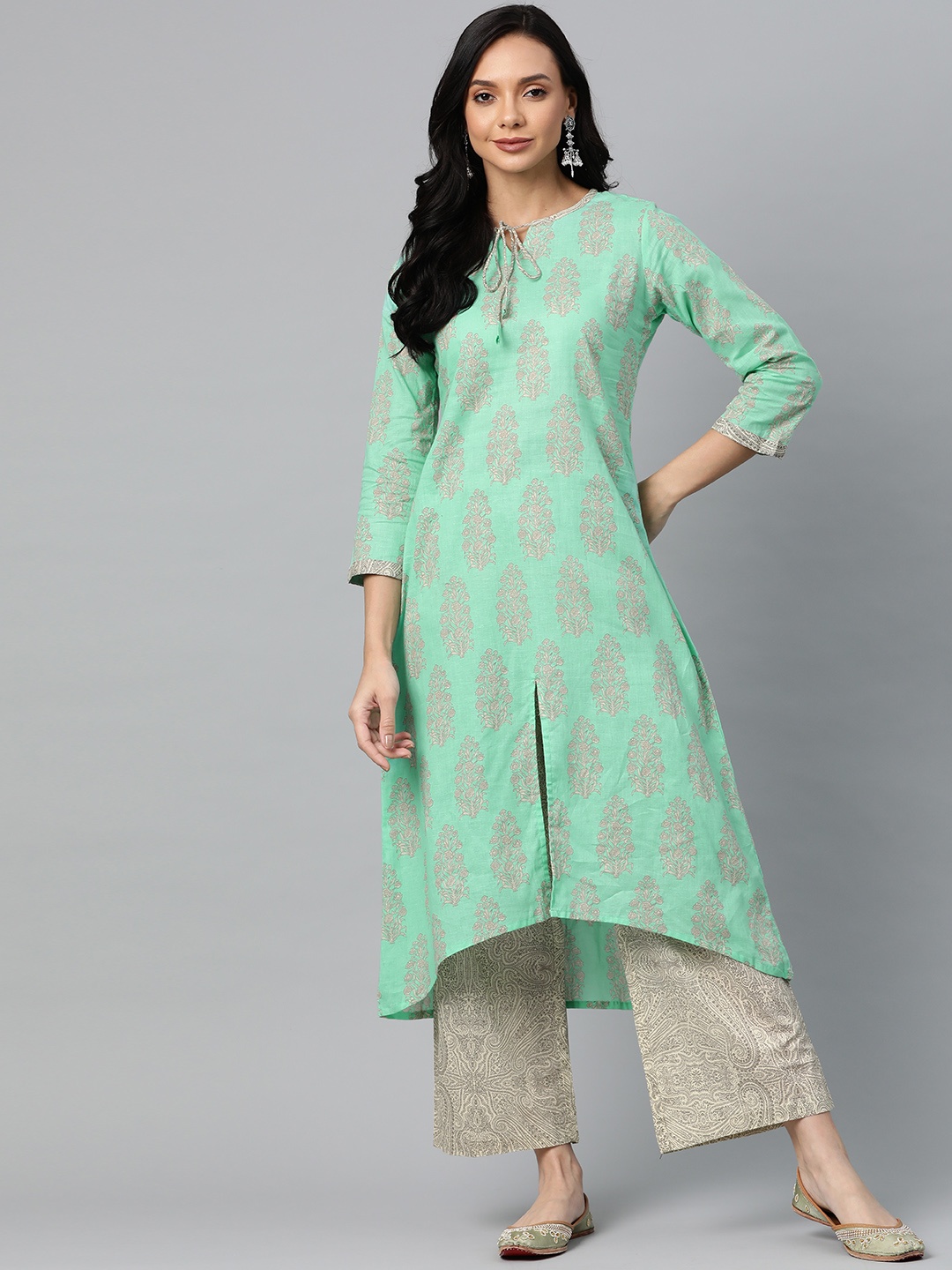 

AHIKA Women Sea Green & Off-White Ethnic Motifs Print Pure Cotton Kurta with Palazzos