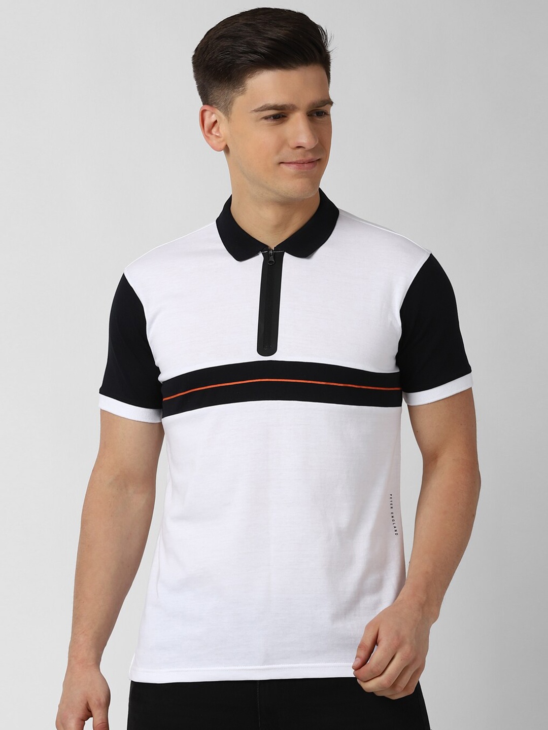 

Peter England Casuals Men White Colourblocked Polo Collar Slim Fit T-shirt