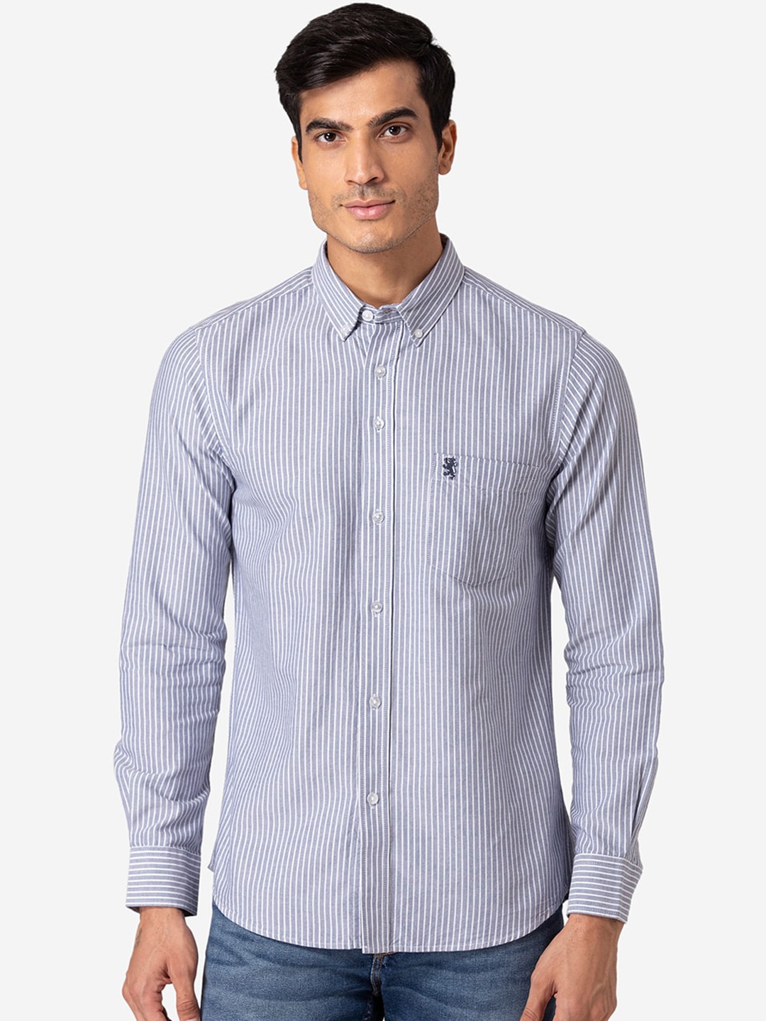 

c Men Blue Striped Regular Fit Casual Shirt