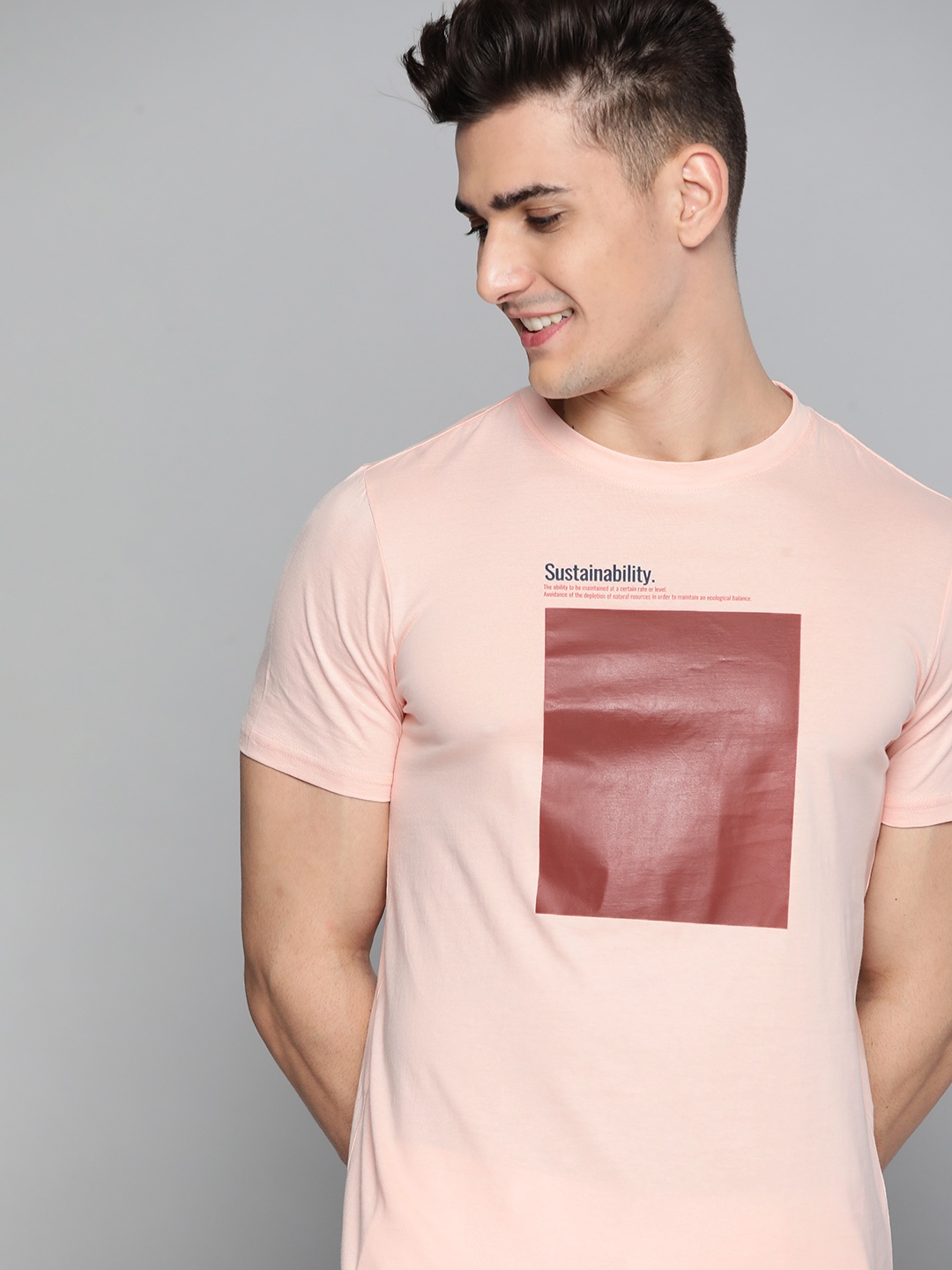 

M&H Our Water Men Peach-Coloured & Brown Pure Cotton Printed T-shirt