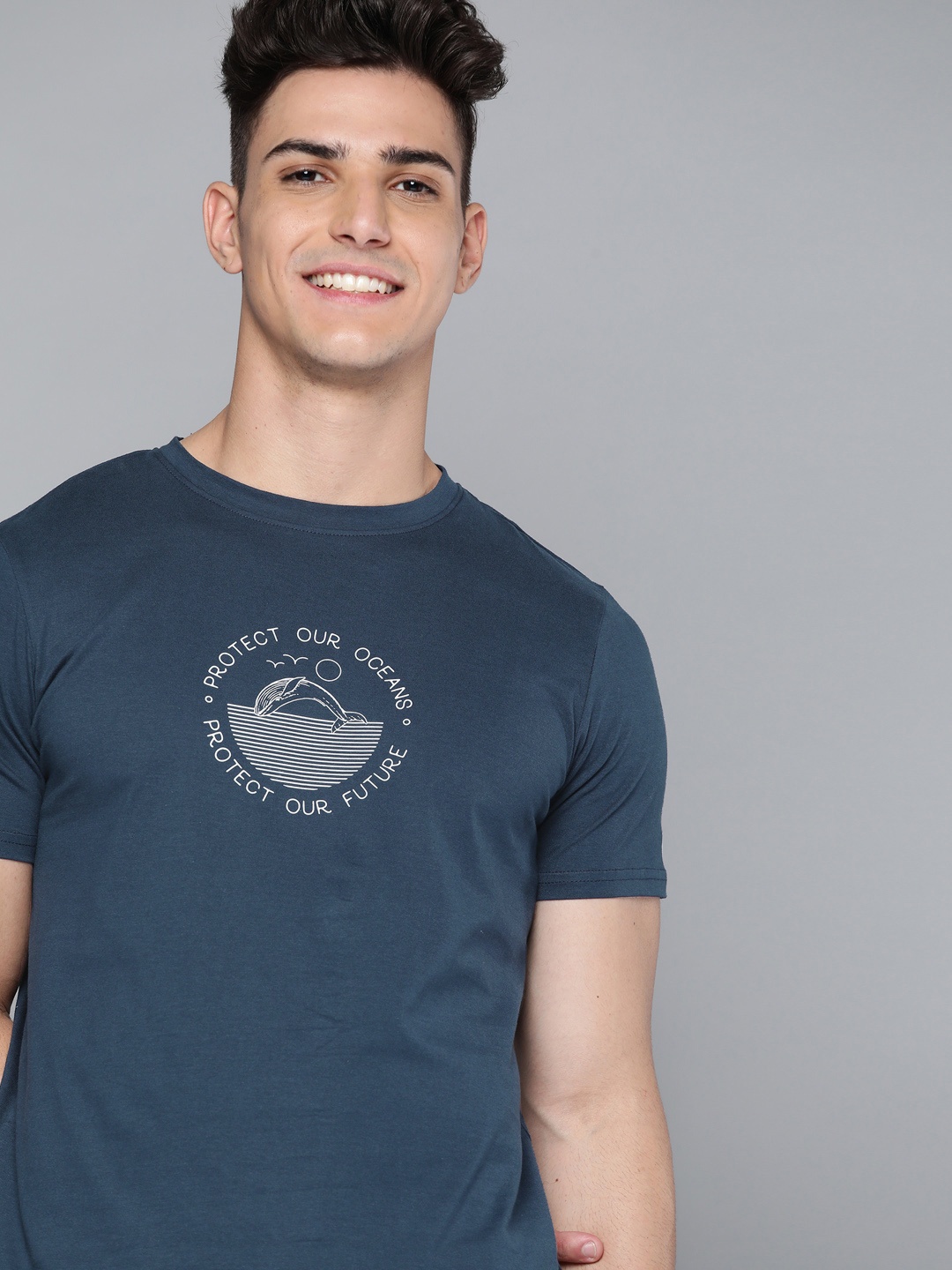 

M&H Our Water Men Navy Blue Pure Cotton Sustainable Printed T-shirt