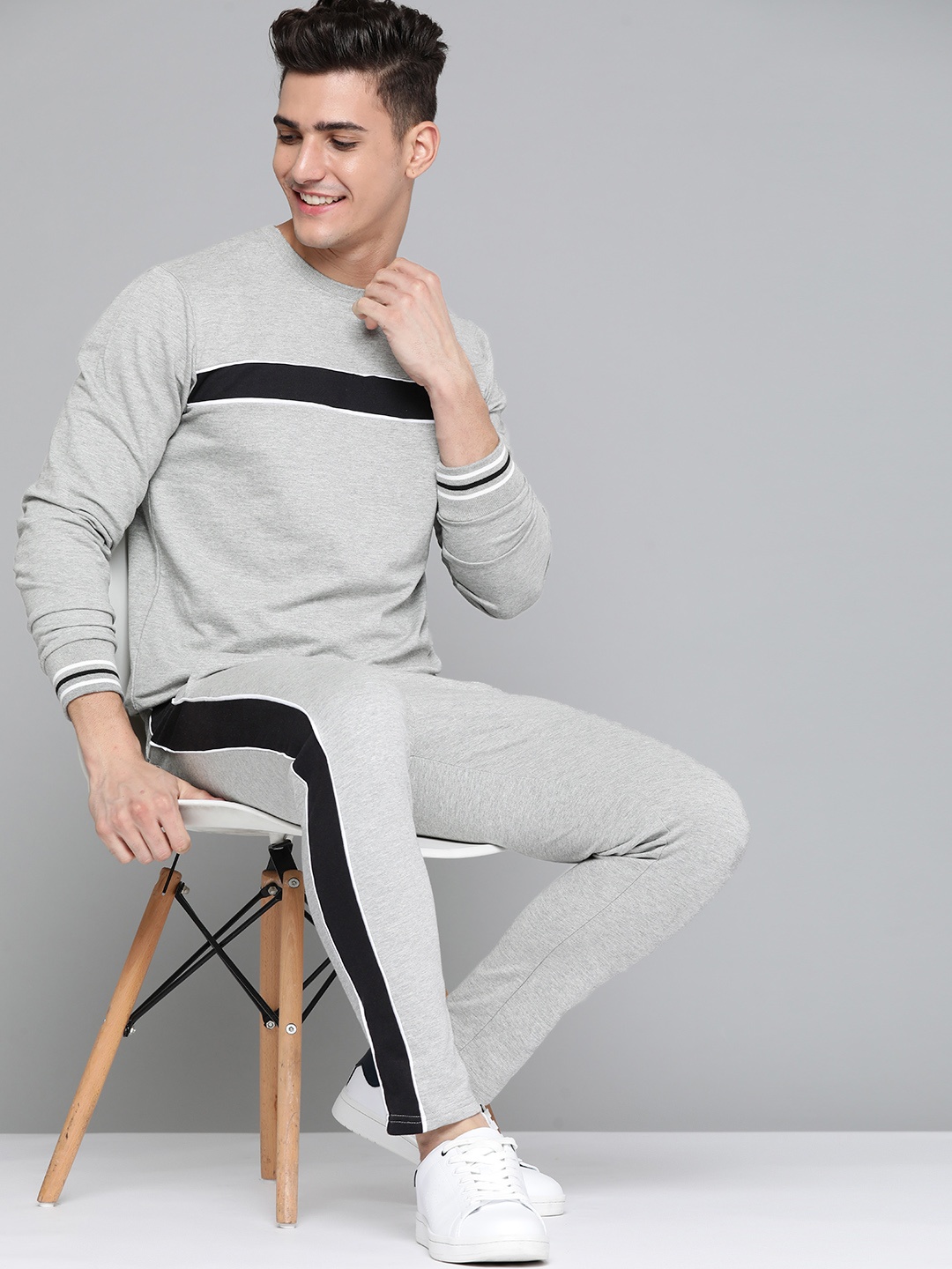 

M&H Easy Men Grey Melange & Black Solid Tracksuits With Striped Detail