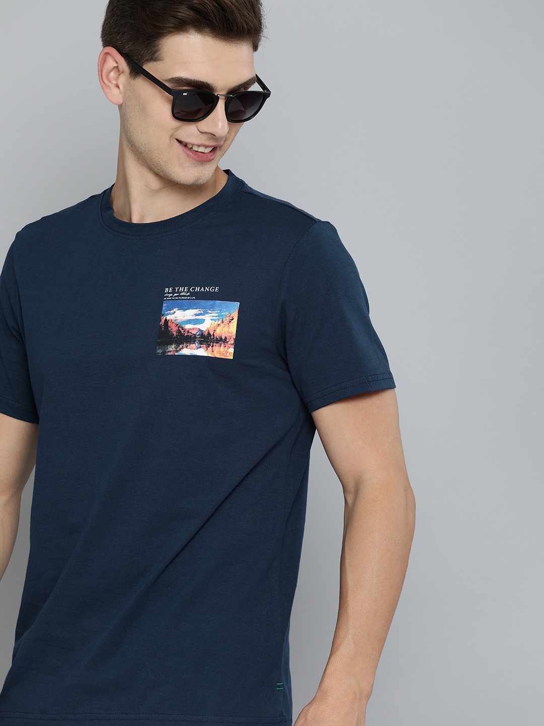 

M&H Our Water Men Navy Blue & White Printed Pure Cotton Susutainable T-shirt