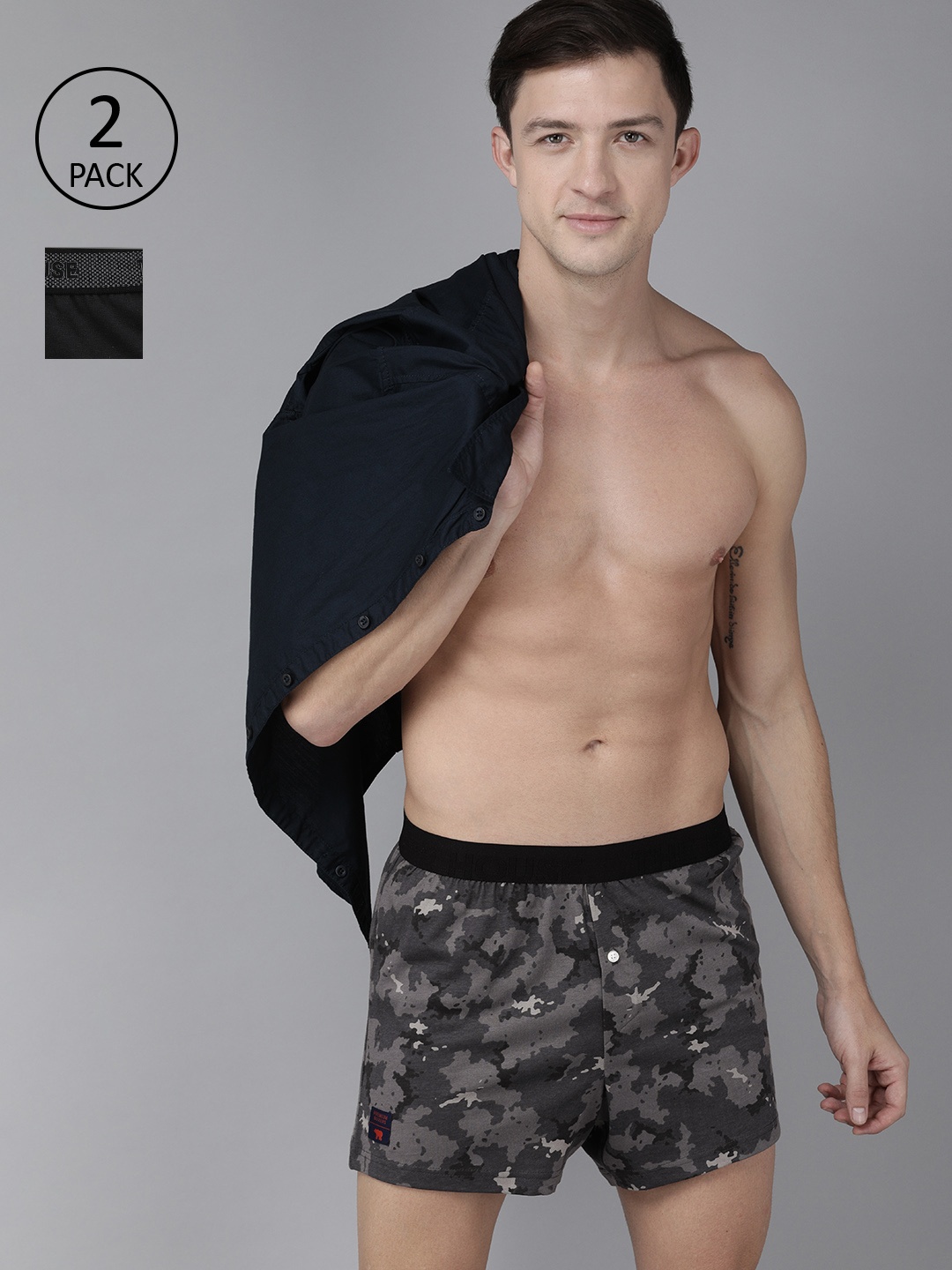 

THE BEAR HOUSE Men Pack of 2 Printed Knitted Boxers TBH-CHISEL-S, Black