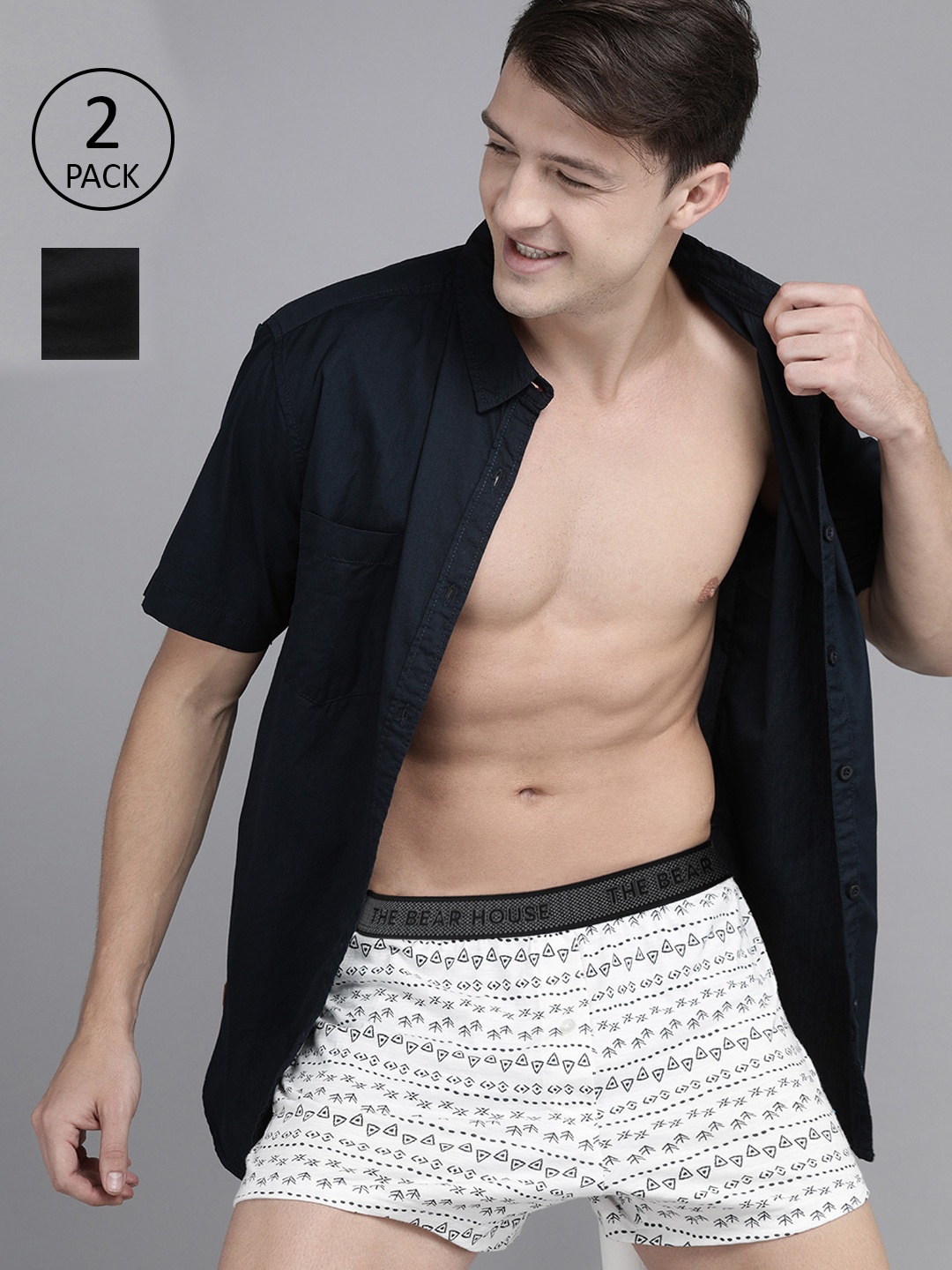 

THE BEAR HOUSE Men Pack of 2 Assorted Comfort Fit Boxers TBH-KAMA-S, White