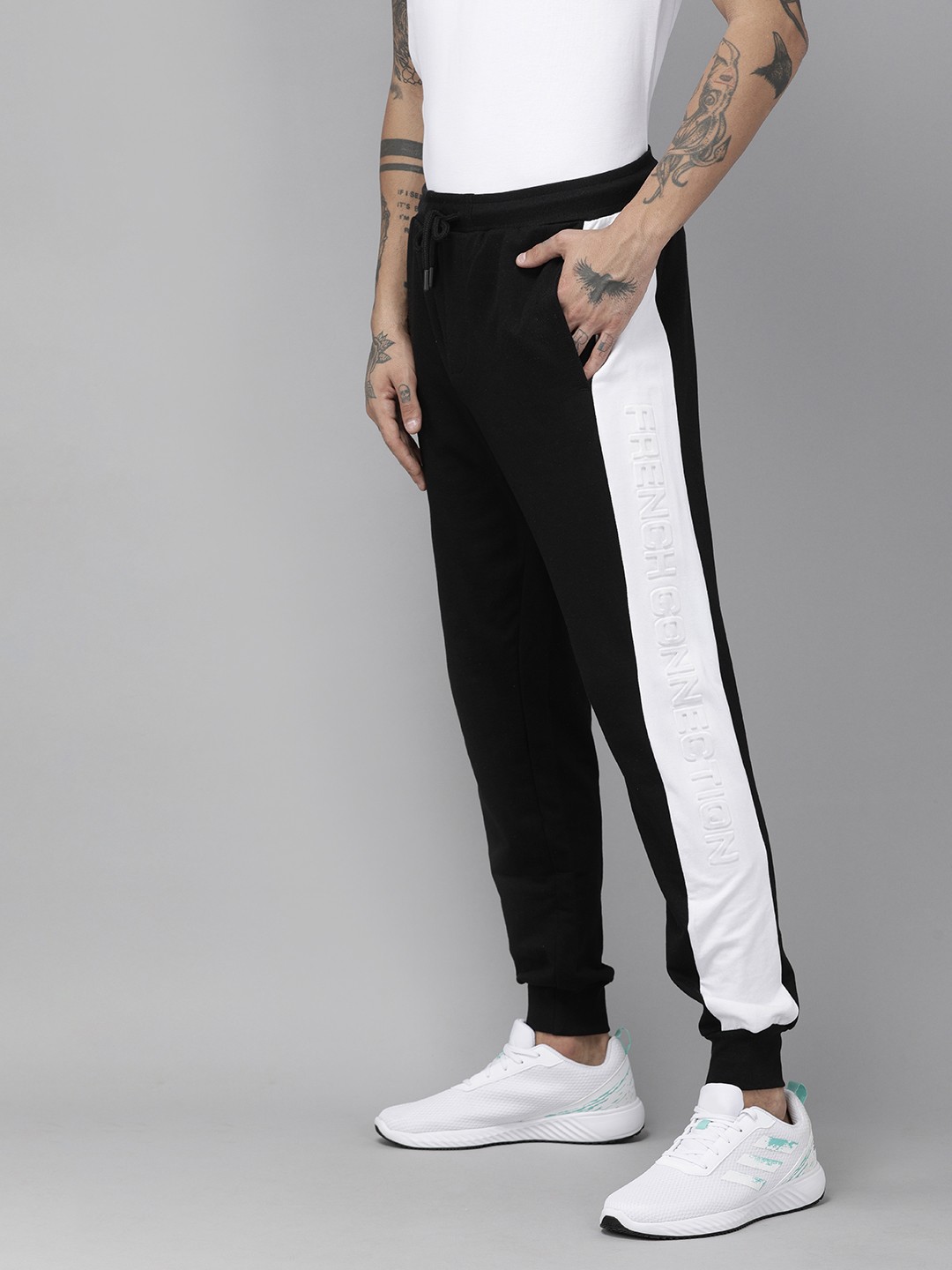

French Connection Men Black & White Straight Fit Side Striped Joggers