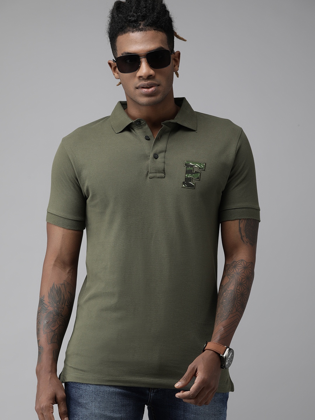 

French Connection Men Green Slim Fit Printed Polo Collar Pure Cotton T-shirt