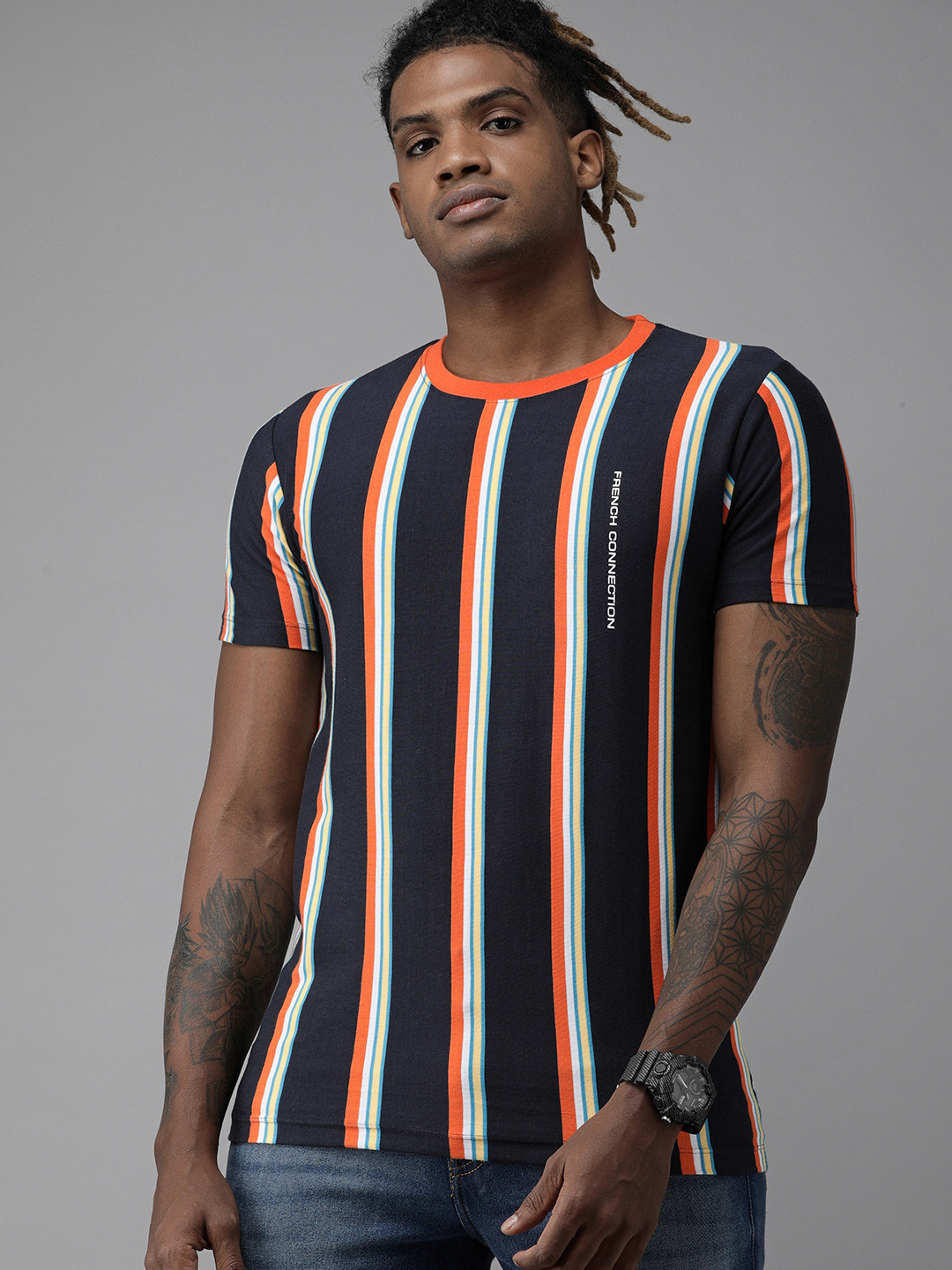 

French Connection Men Navy Blue Orange Striped Slim Fit Pure Cotton T-shirt