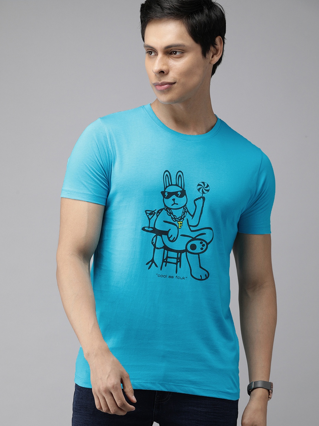 

French Connection Men Blue Black GANGSTA BUNNY Printed Slim Fit Pure Cotton T-shirt