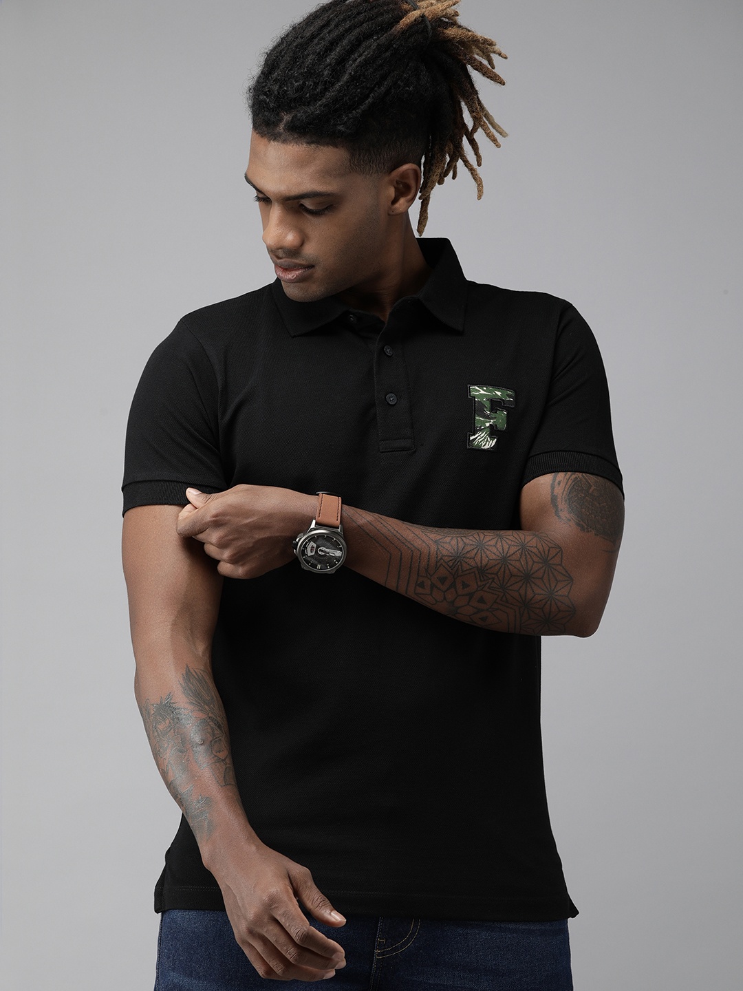 

French Connection Men Black Polo Collar Slim Fit Pure Cotton T-shirt