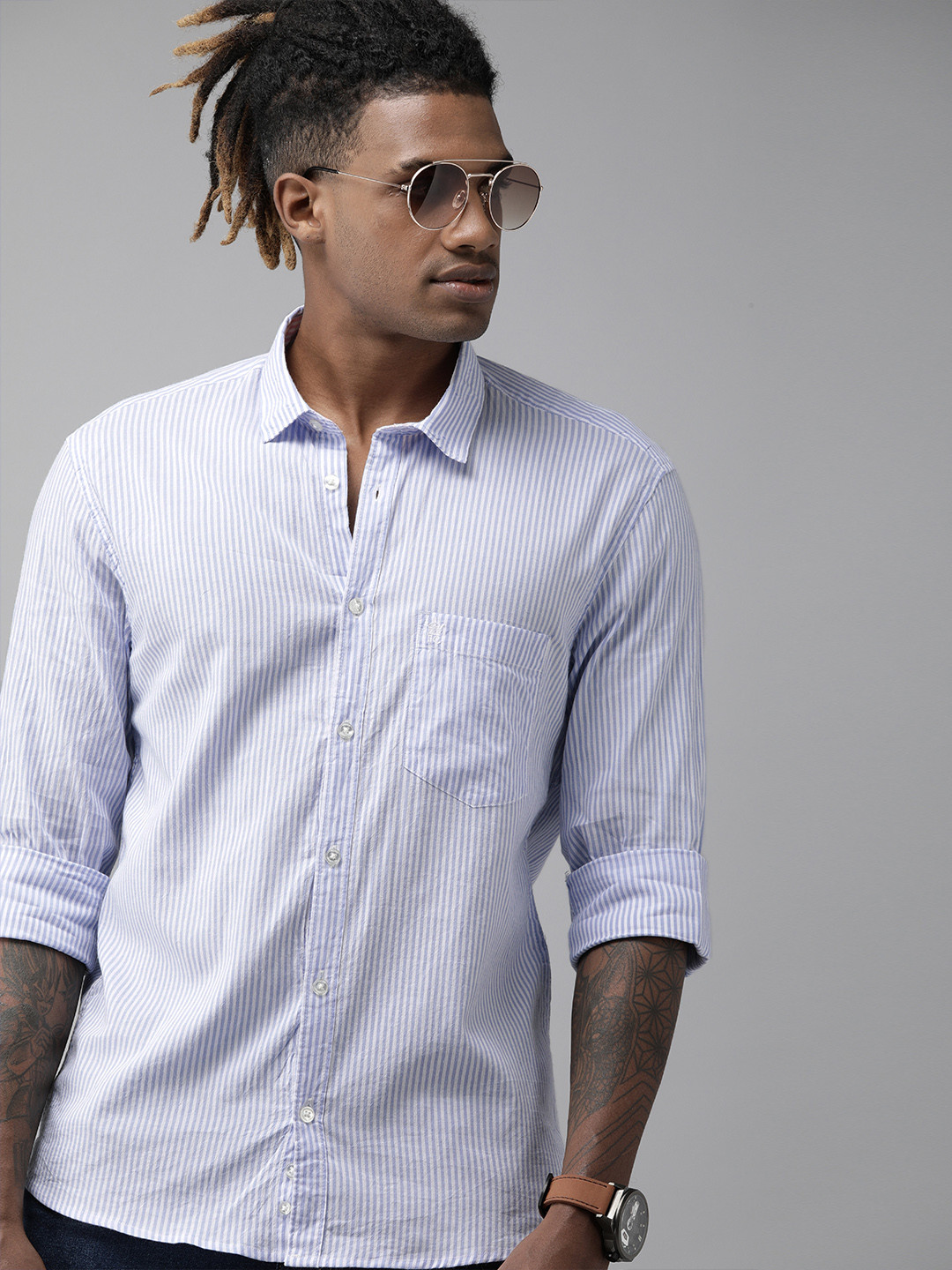 

French Connection Men Blue & White Slim Fit Bengal Stripes Striped Casual Shirt