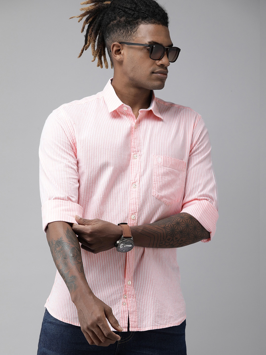 

French Connection Men Pink & White Slim Fit Bengal Stripes Striped Casual Shirt
