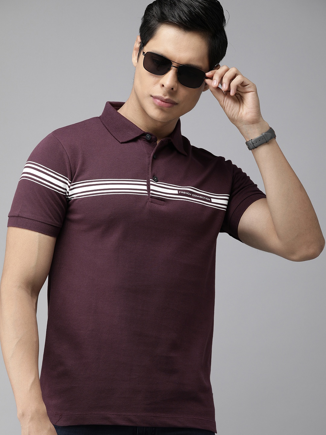 

French Connection Men Purple White Striped Polo Collar Pure Cotton T-shirt