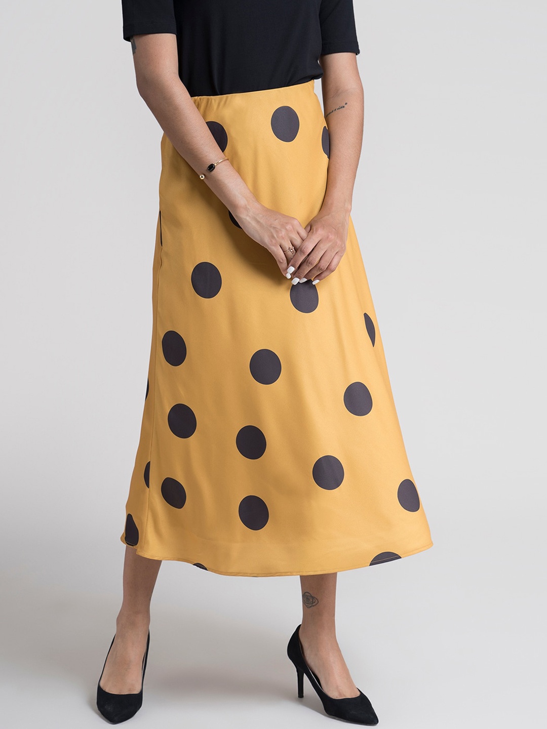 

FableStreet Women Mustard Yellow & Black Polka Dot Printed A-Line Midi Skirt