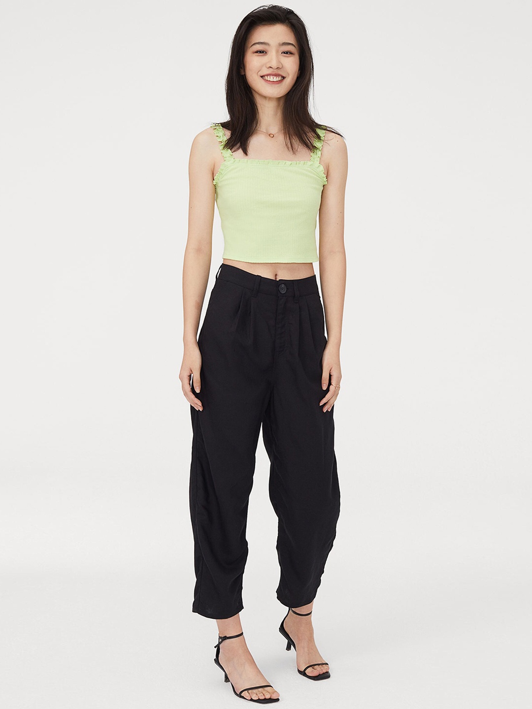 

H&M Women Black Solid Linen Blend Trousers