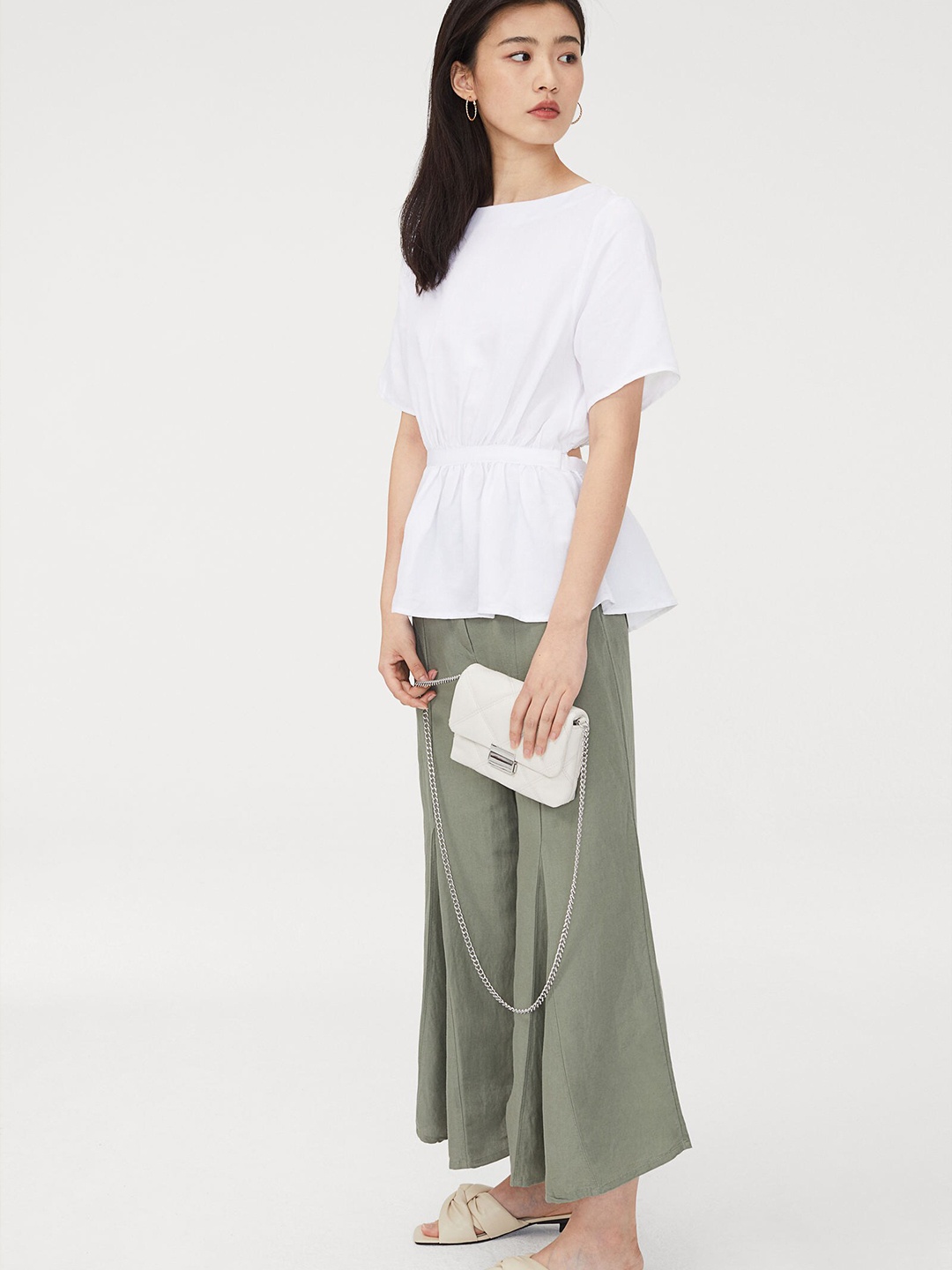 

H&M Women White Solid Linen Blend Peplum Blouse