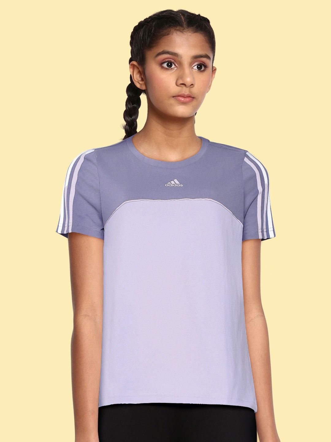 

ADIDAS Girls Lavender Colourblocked Pure Cotton Relaxed Fit Essentials Crop T-shirt