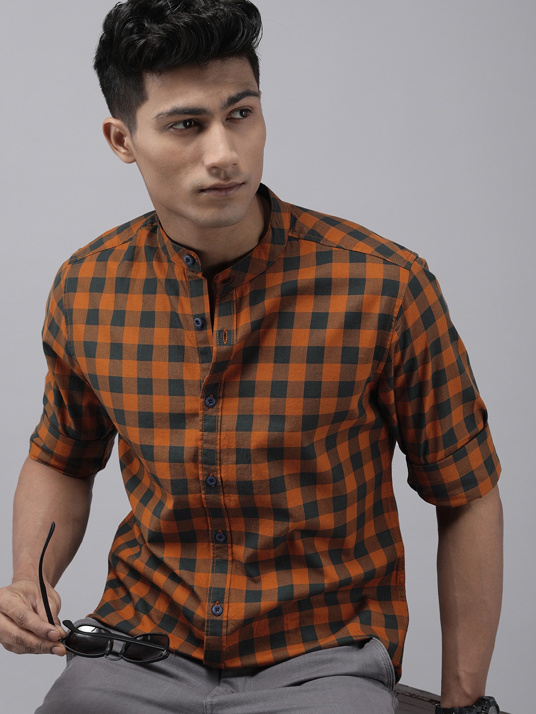 

Roadster Men Rust And Navy-blue Gingham Checked Pure Cotton Casual Shirt