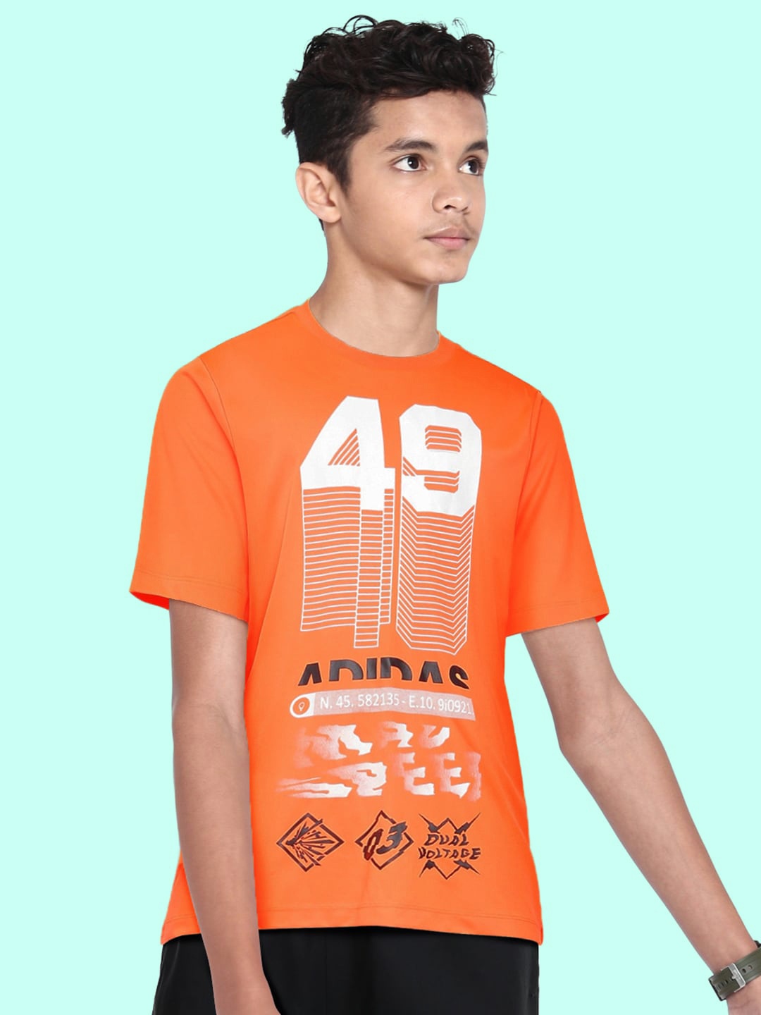 

ADIDAS Boys Orange & White ID GRFX Typography Printed Round Neck Applique Outdoor Sustainable T-shirt