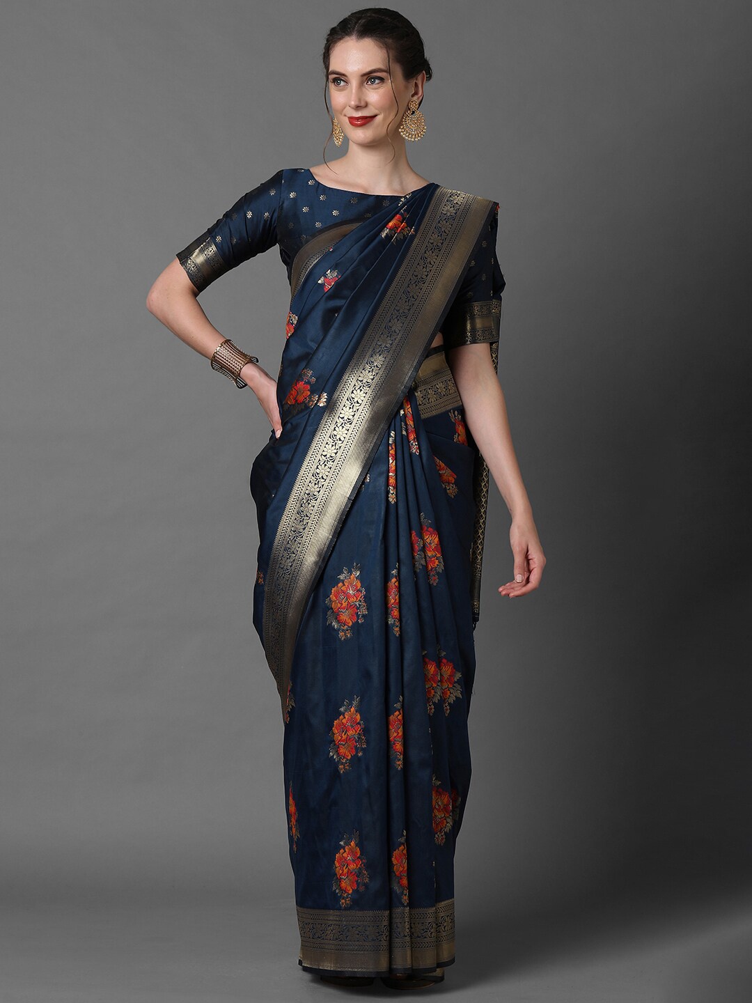 

Mitera Navy Blue & Red Floral Zari Banarasi Saree