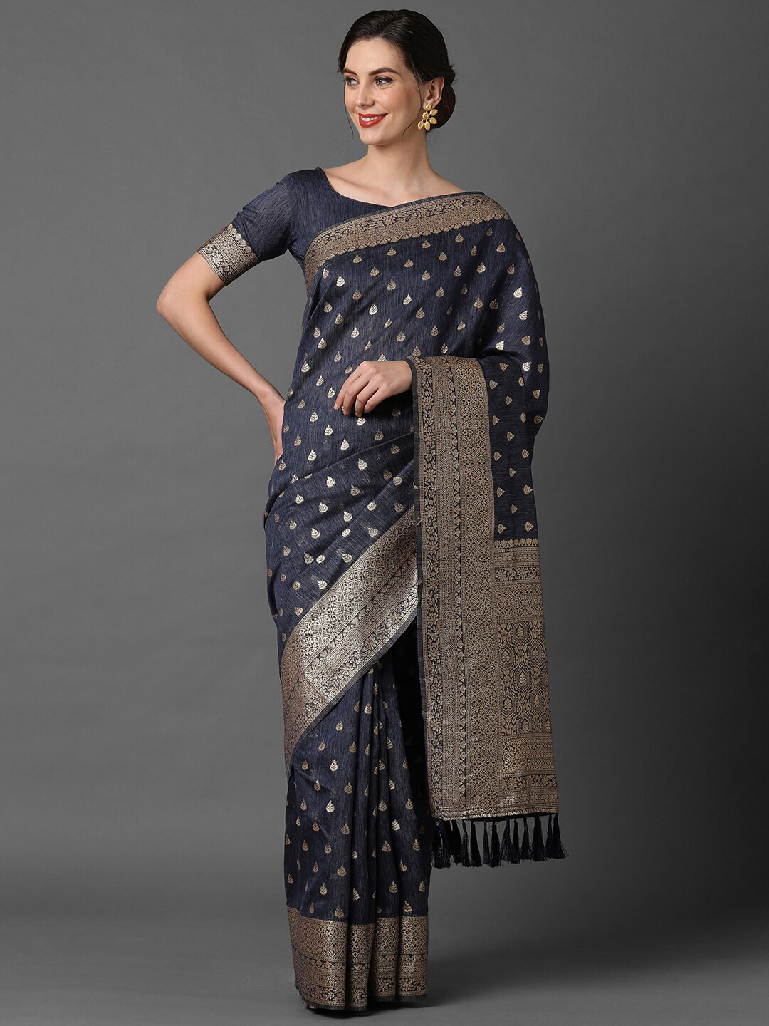 

Mitera Navy Blue & Gold-Toned Woven Design Silk Blend Banarasi Saree