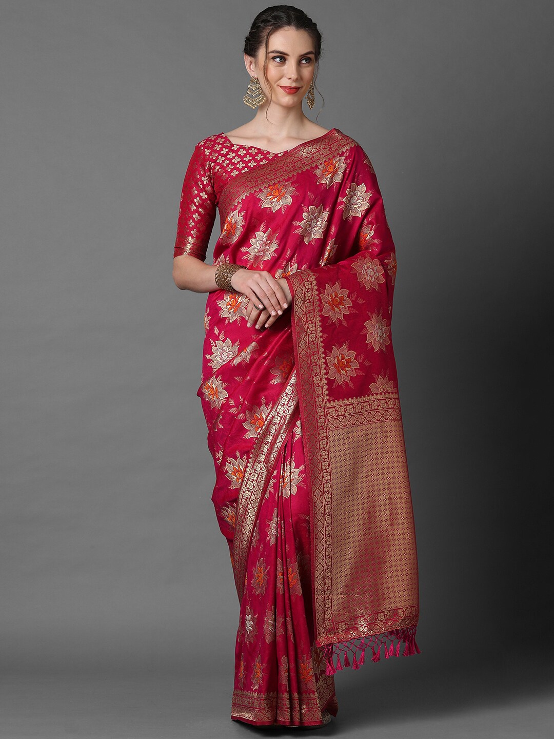 

Mitera Pink & Gold-Coloured Floral Woven Design Silk Blend Banarasi Saree