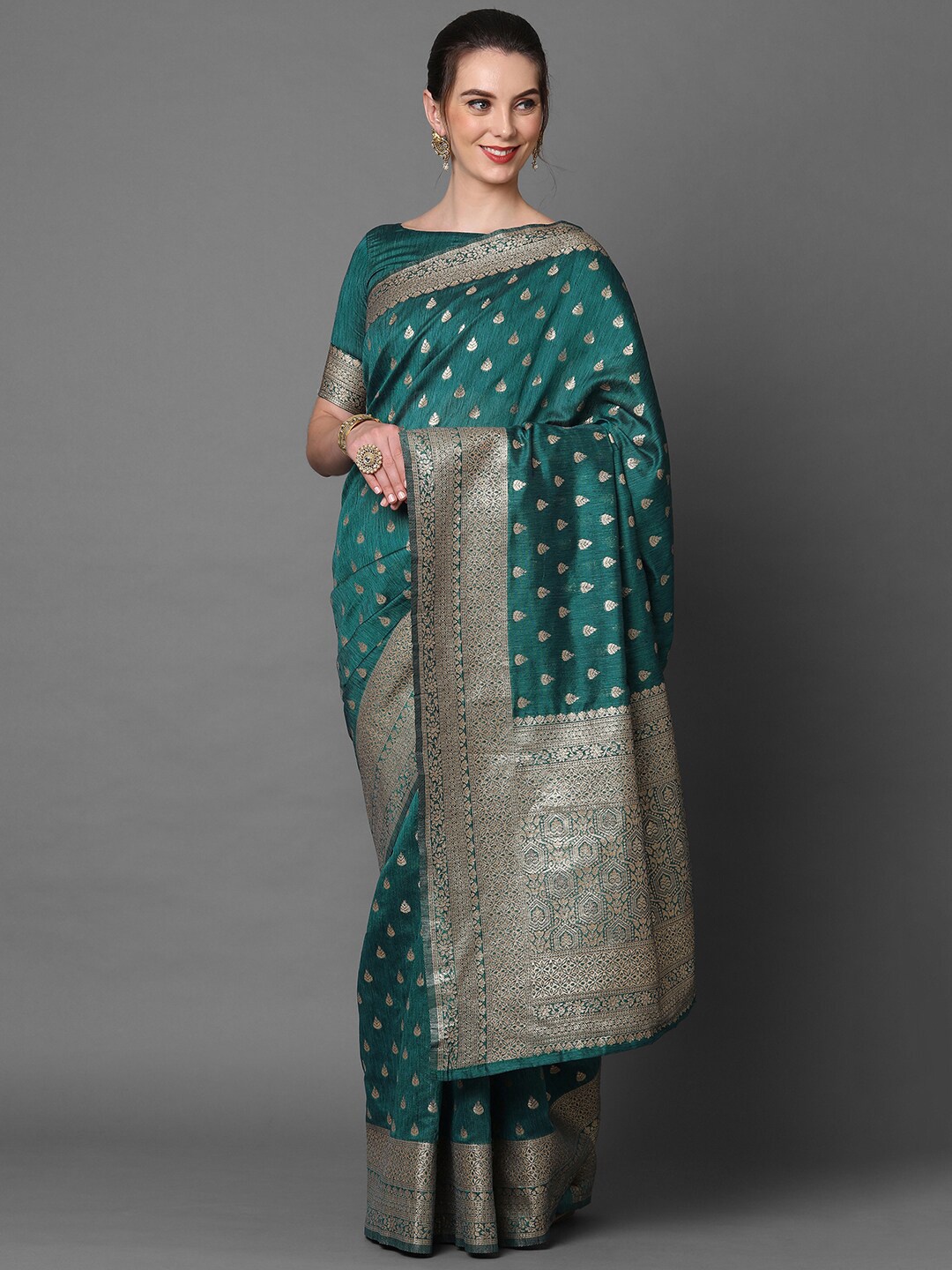 

Mitera Teal & Gold-Toned Woven Design Silk Blend Banarasi Saree