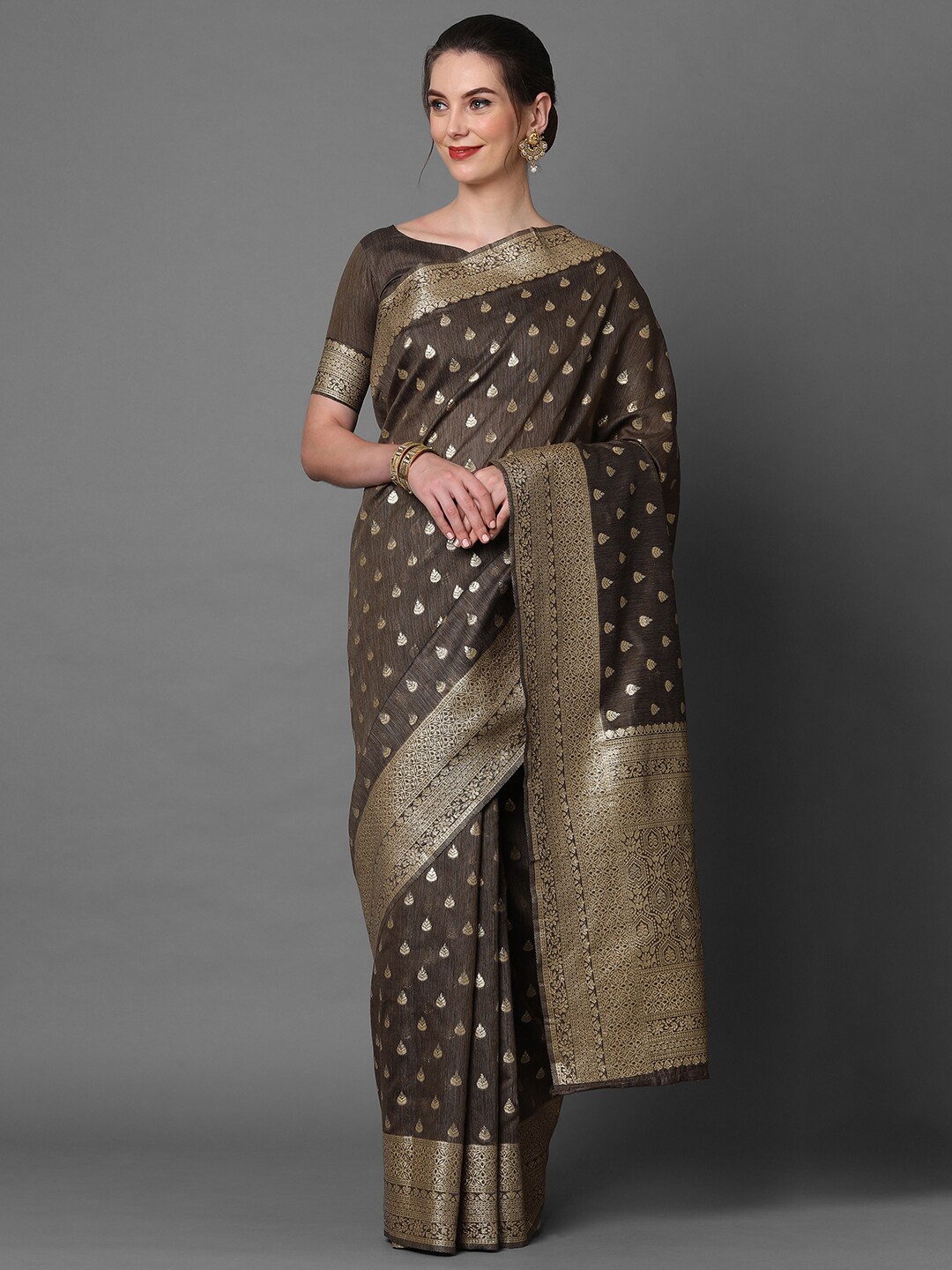 

Mitera Brown & Gold-Coloured Ethnic Motifs Woven Design Zari Silk Blend Banarasi Saree