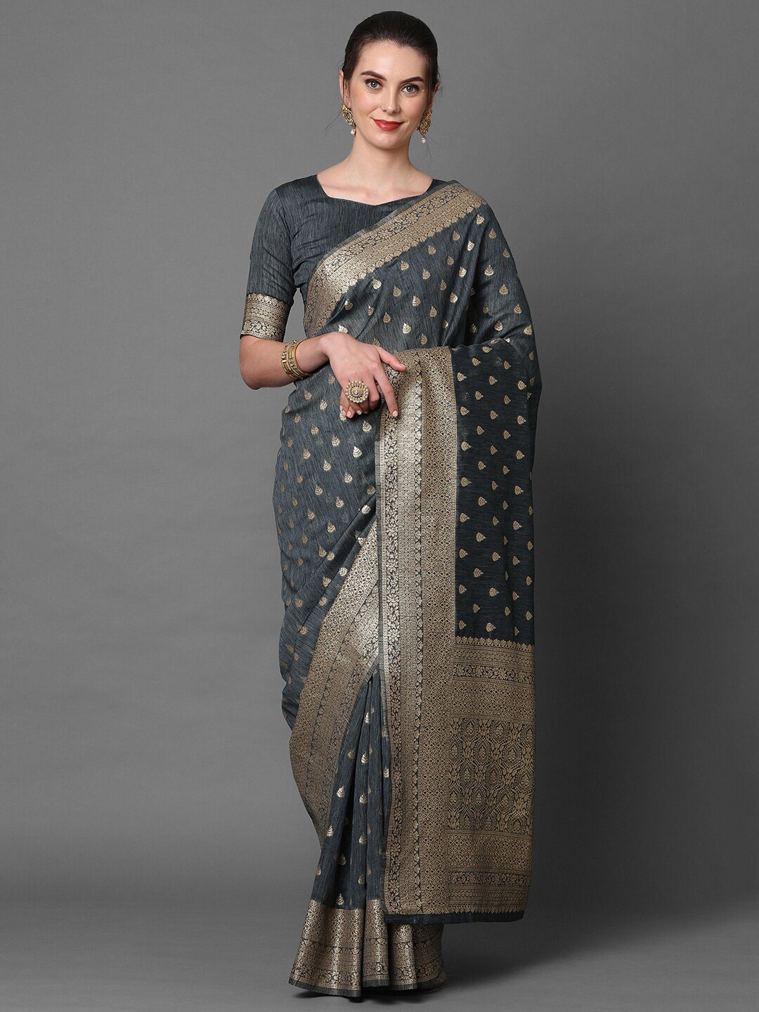 

Mitera Grey & Gold-Toned Woven Design Silk Blend Banarasi Saree