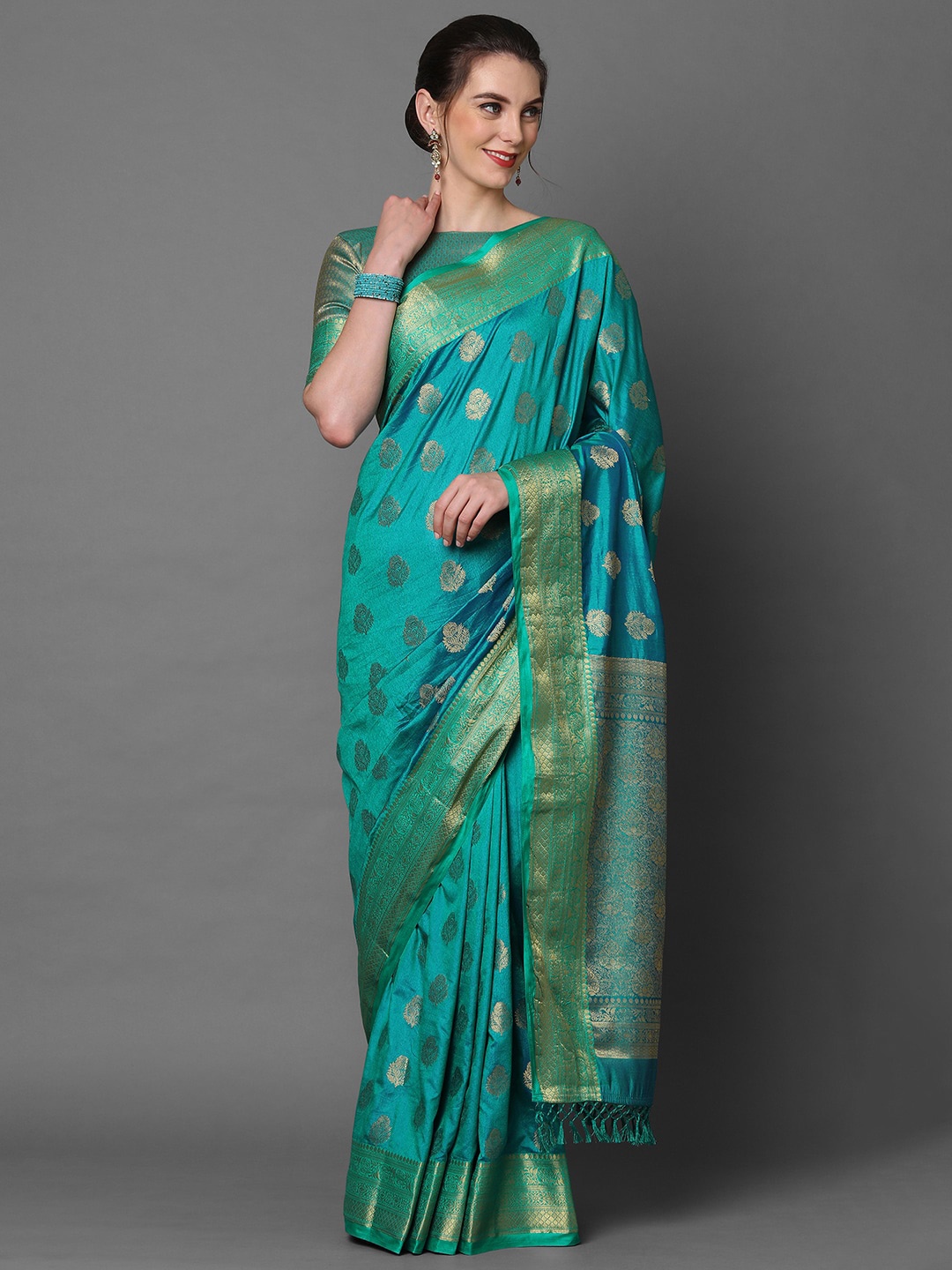 

Mitera Teal Blue & Gold-Coloured Ethnic Motifs Woven Design Zari Silk Blend Banarasi Saree