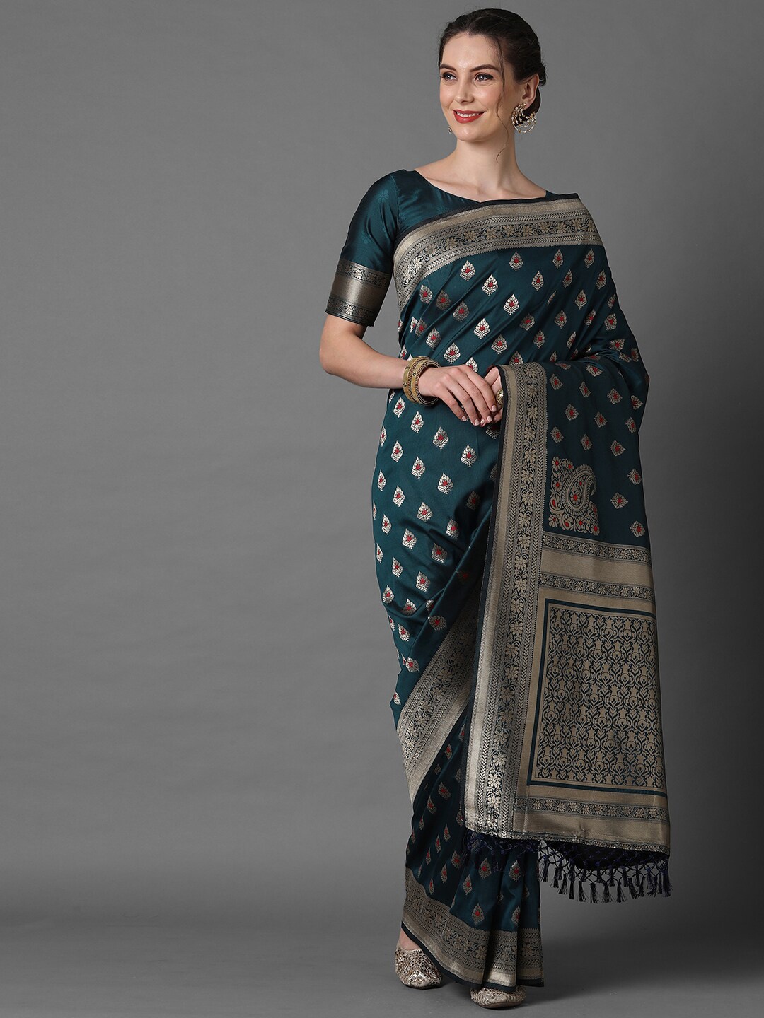 

Mitera Green & Gold-Toned Ethnic Motifs Zari Banarasi Saree