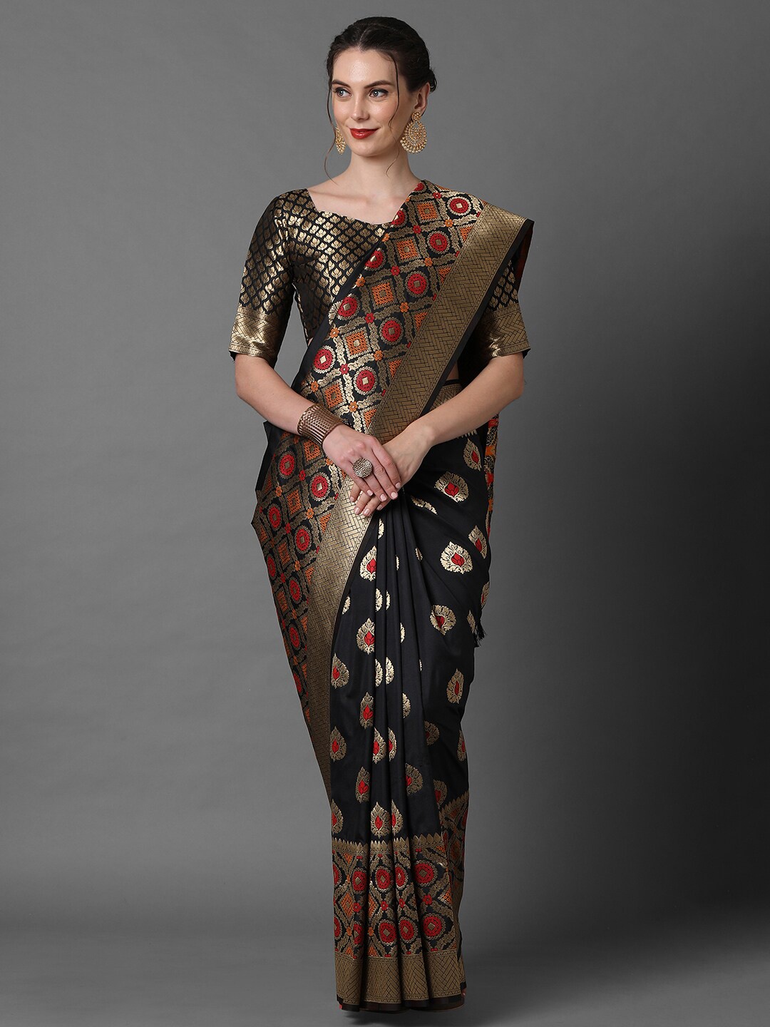 

Mitera Black & Red Woven Design Silk Blend Banarasi Saree