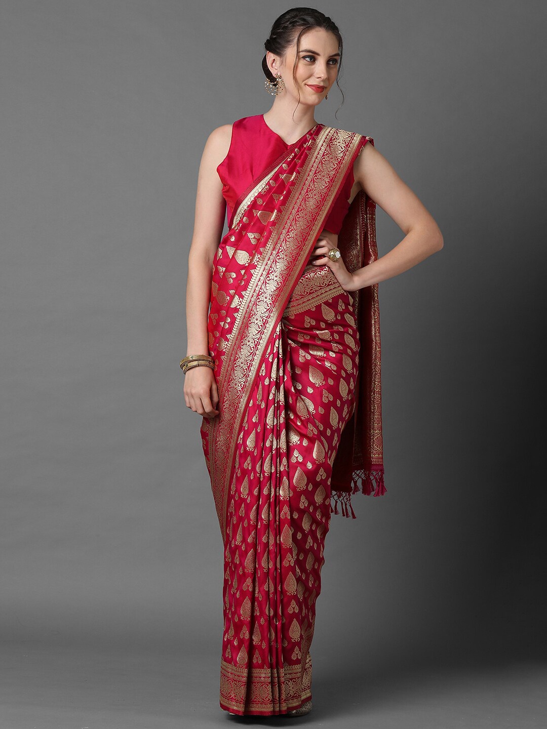 

Mitera Pink & Gold-Coloured Ethnic Motifs Woven Design Zari Silk Blend Banarasi Saree